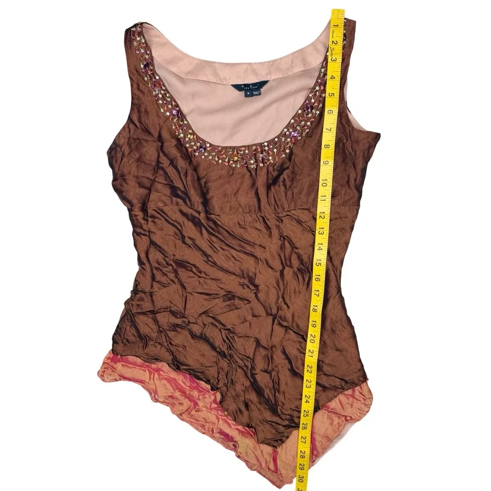 Y2K Fairy Grunge Beaded Handkerchief Hem Silk Tank Top Boho Brown Small - Picture 8 of 9